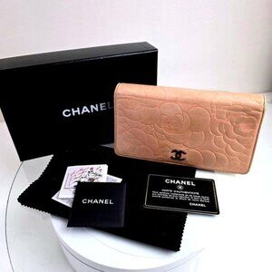 CHANEL Wallet Lambskin Camellia Embossed Flower Long Wallet Pink Beige CC Silver